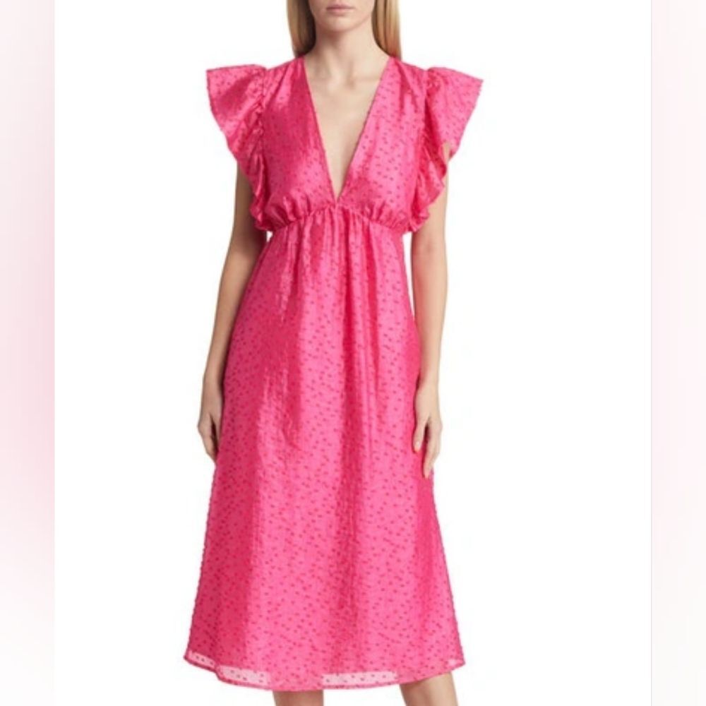 Chelsea28 Hot Pink Ruffle Cap Sleeve Deep V-Neck Organza Midi Dress Medium - Picture 1 of 8
